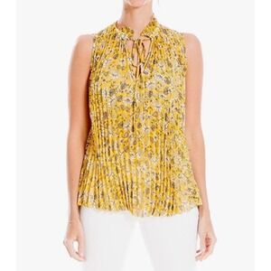 Max Studio Yellow & White Floral Georgette Accordion Pleated Sleeveless Top